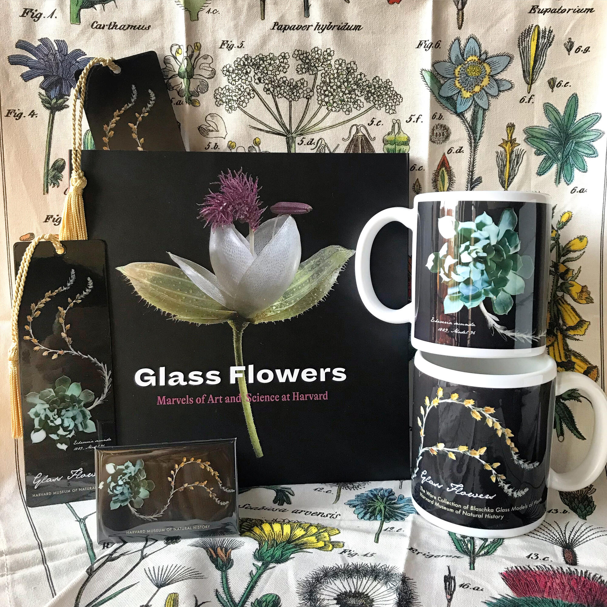 精选的玻璃花商品，包括手巾、一本书、两个杯子、两个书签和一块磁铁。