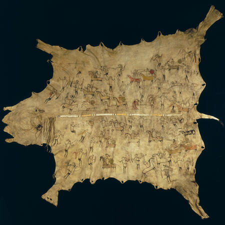 This famous bison robe depicting inter-tribal combat along the Upper Missouri River was probably painted by a Lakota man and collected by Lieutenant Hutter.