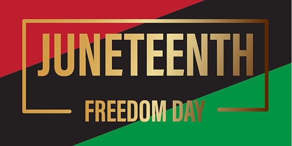 Golden letters across red, black, and green bold stripes, Juneteenth Freedom Day