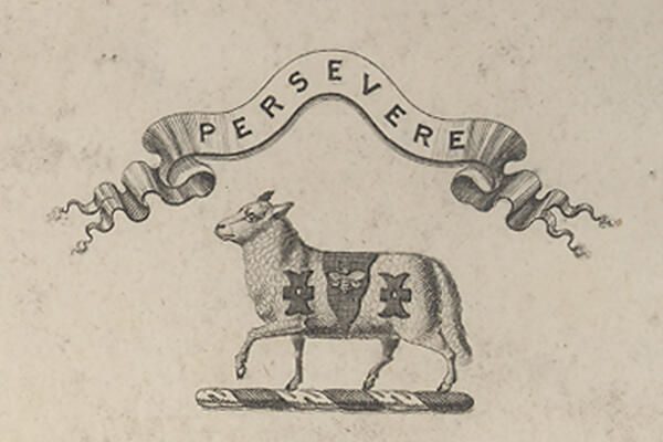 A sheep with its left foreleg raised, below a banner with the inscription "PERSEVERE."