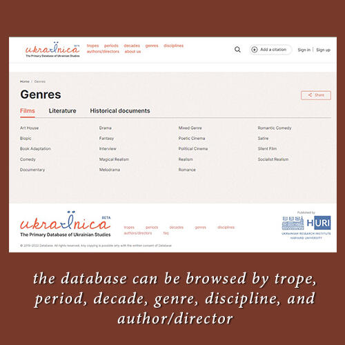 The database can be browsed by trope, period, decade, genre, discipline, and author/ director