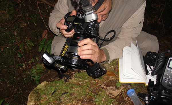 Speaker Gonzalo Giribet taking a picture of a mossy earth.
