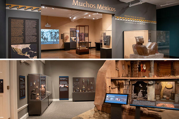 Top image of the Muchos Mexicos exhibit at the Peabody Museum and image below of Mediterranean Marketplace at the Harvard Museum of Ancient Near East.