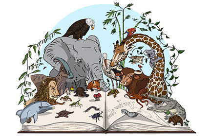 Illustration of animals reading a book.