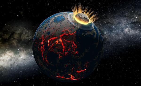A three-dimensional illustration of one small planet crashing into a larger one