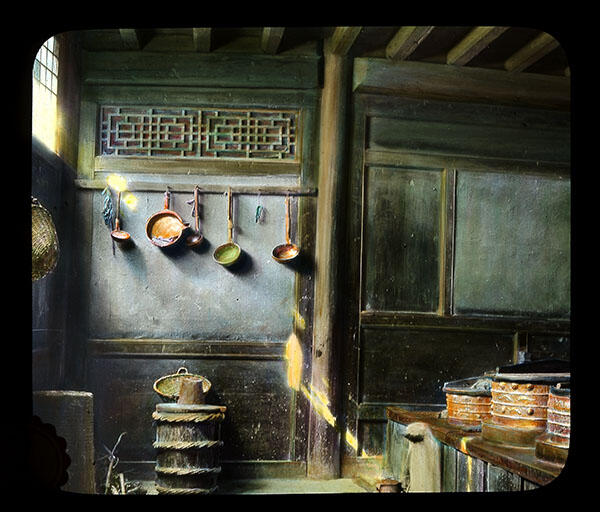 Hand colored lantern slide of a rural Tibetan kitchen, by Frederick Wulsin, 1923.&nbsp;Gift of Frederick R. Wulsin, 56-55-60/15669.1