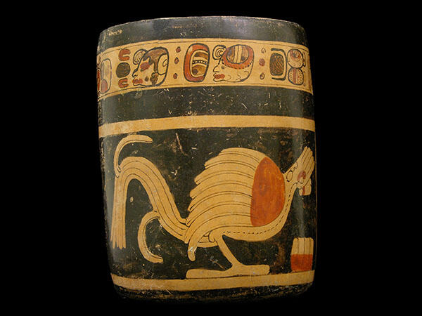 Ceramic vase featuring the painted design of quetzal bird, from Copán, 92-49-20/c211