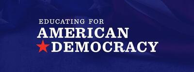 white text saying Educating for American Democracy on a blue background