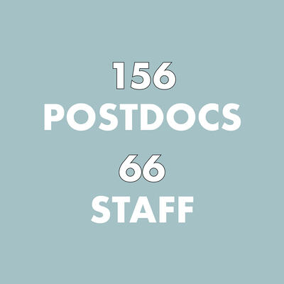A graphic with a tally of CCB postdocs (156) and staff (66)