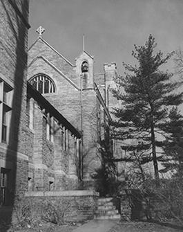 Andover Hall, view of the bell tower and cross