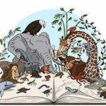 Illustration of animals reading a book together.