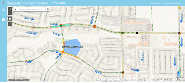 Screenshot of LV neighborhood with blue lines and arrows indicating safe routes