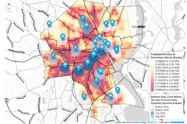 Heat map of the city showing law enforcement facilities overlaid with overdose risk