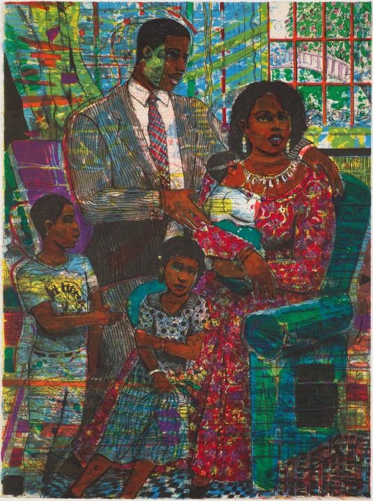 Offset lithograph on white wove paper of a Black family and their living room, the mother hugging an infant close as the father wraps arms around her shoulders.