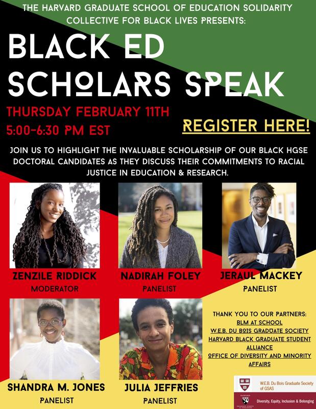 Black Ed Scholars Speak poster with black, green, red and yellow highlighted colors.