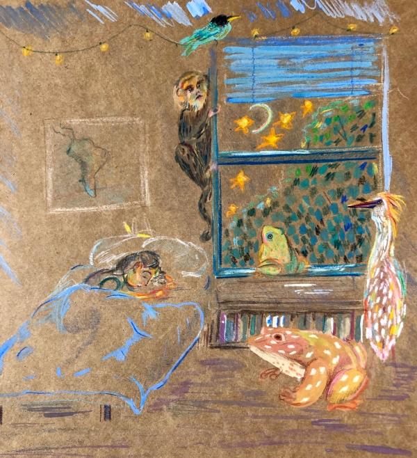 While dreaming, Wendy Estrada hears a nocturnal symphony of crickets, toads, frogs, birds, and monkeys that lived outside of her former home in Panama City. (by Steven Fisher, MDiv candidate. Mixed media: watercolor, colored pencil.)