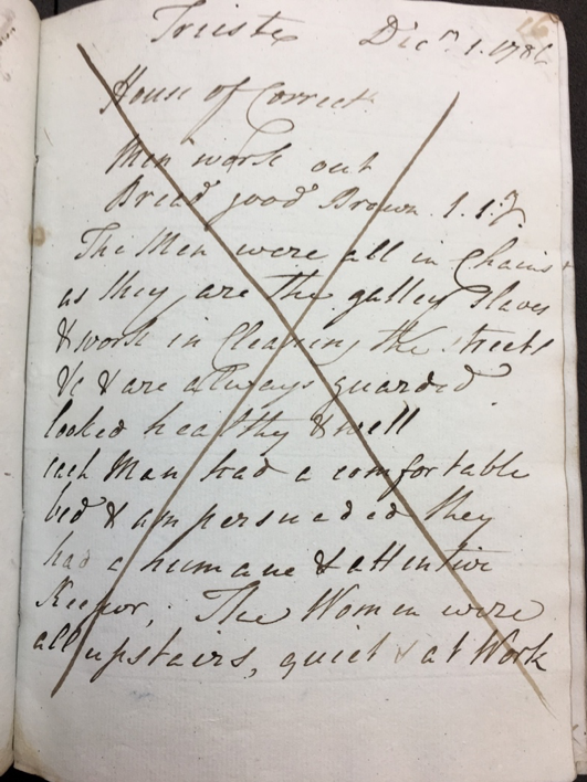 Page of a journal with a large X through the writing