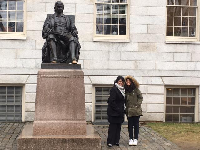 President Gurib-Fakim and her daughter at the John Harvard statue