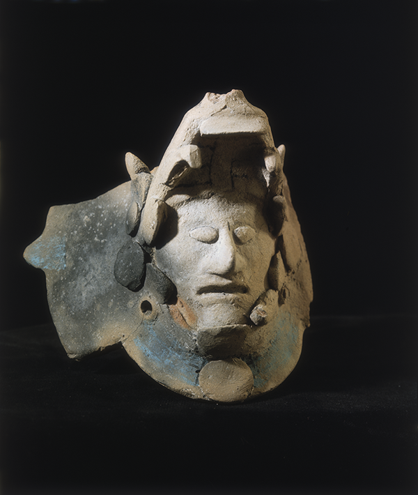 Ceramic figurine featuring an human head in the jaw of a serpent, from the Mayan pre-Columbian city of Chichen Itza, Yucatan, Mexico.&nbsp;Peabody Museum Expedition, E. H. Thompson, Director, 1904‐1907, 07‐7‐20/C4716
