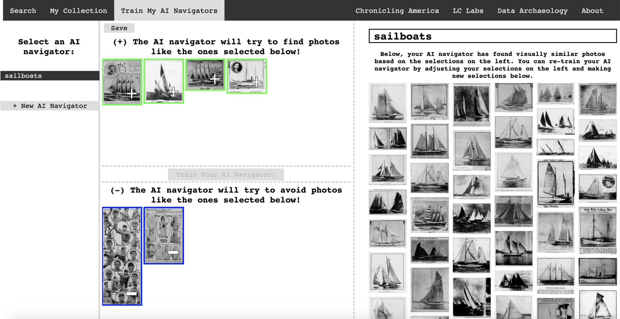 Screenshot of the Newspaper Navigator interface, showing a search for images that resemble images of sailing ships