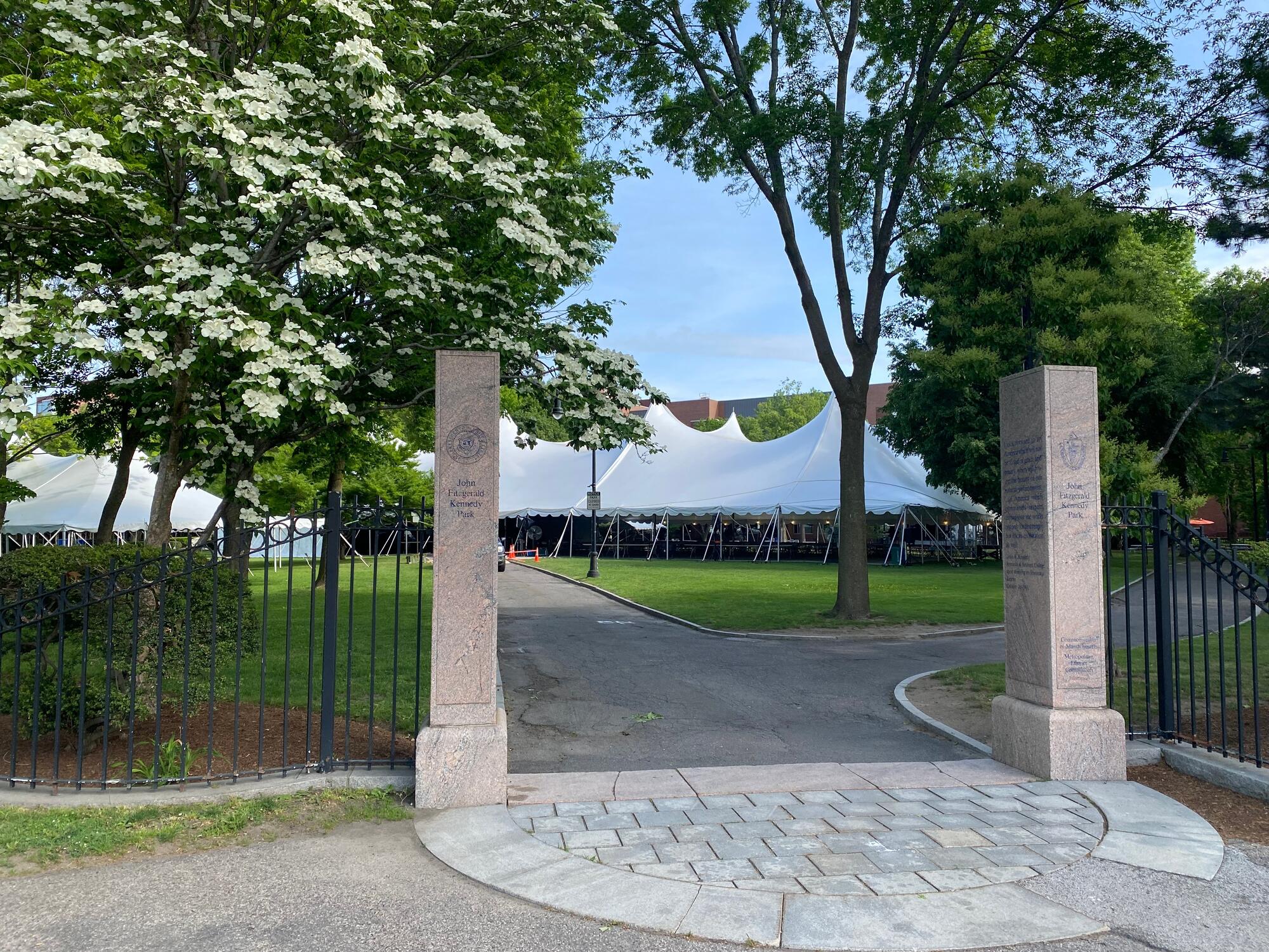 The Kennedy School graduate tent is visible between the entrance to JFK Memorial Park