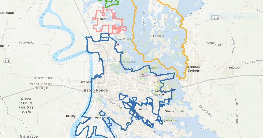 Map of Baton Rouge city and parish with lines marking large areas of flooding throughout the city