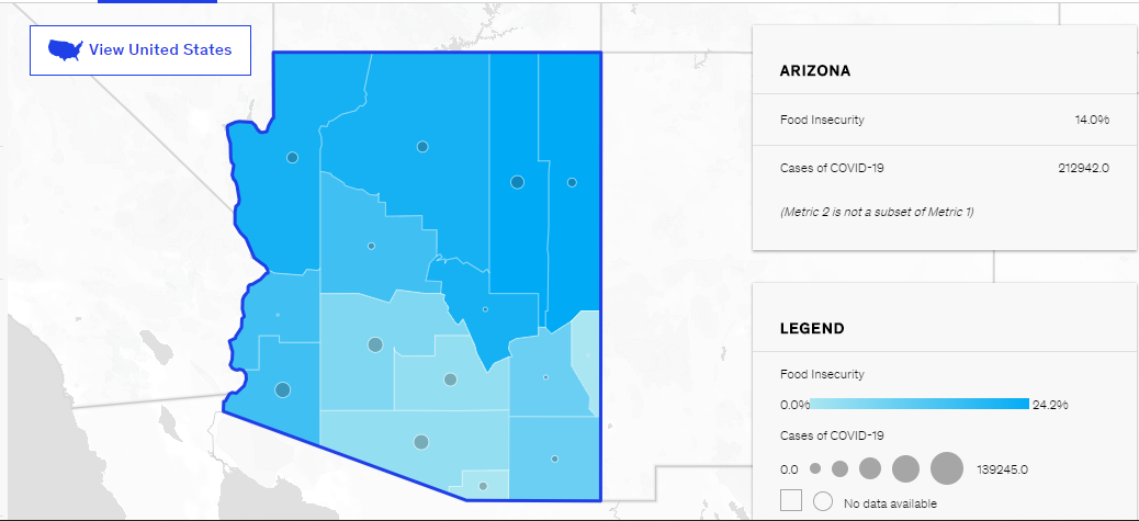 Zoomed in Arizona map showing overlap between food insecurity and COVID-19 cases