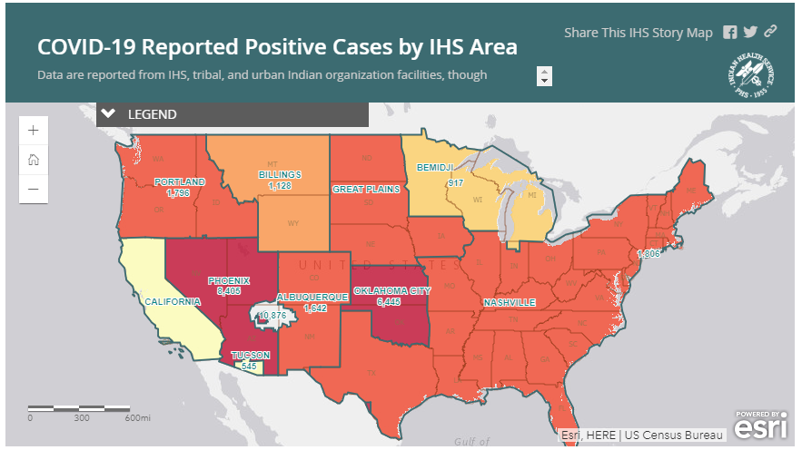 Map of US with Indian Country cases highlighted in dark reds