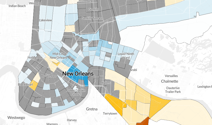 Map of New Orleans with color gradient showing where populations are over- and under-represented.