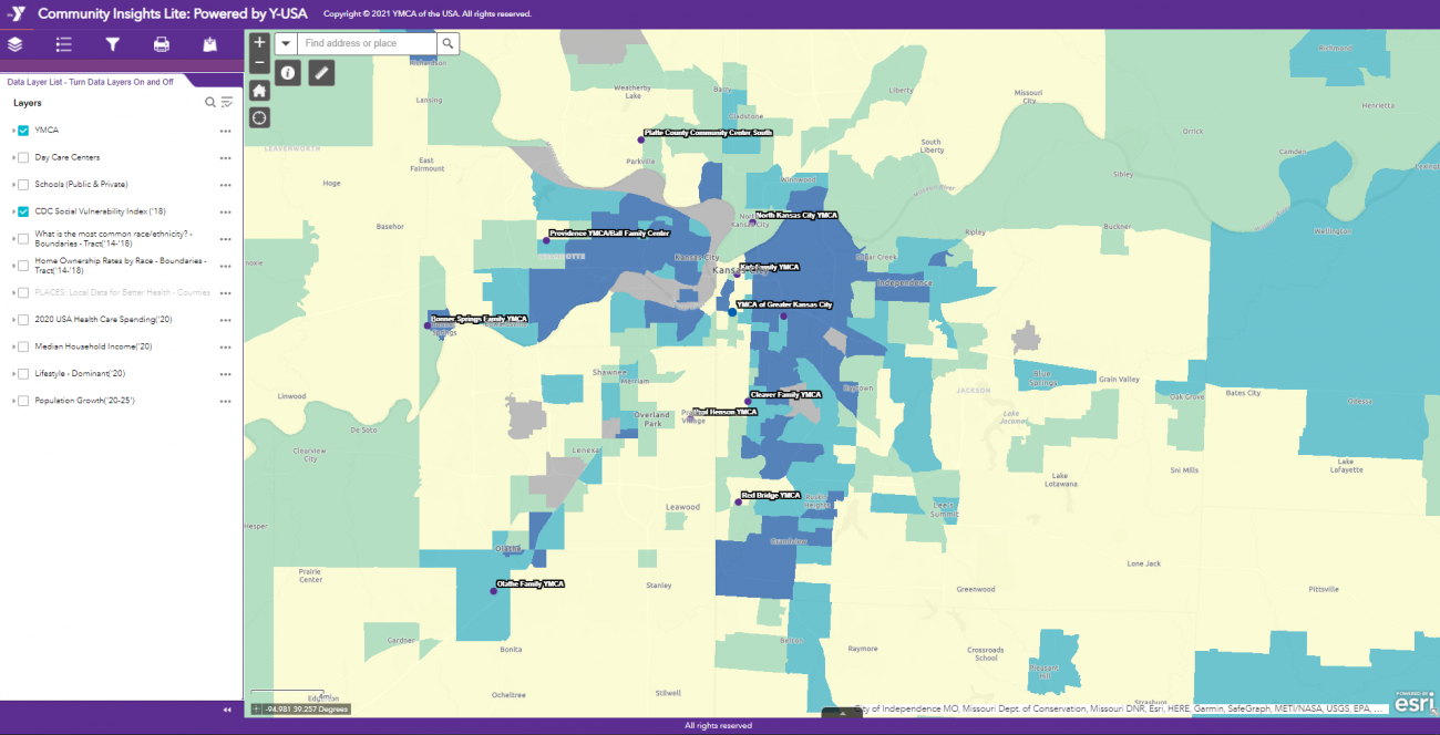 YMCA Community Insights map that shows Y locations, mapped against race/ethnicity, income, and social vulnerability indexes for the area.