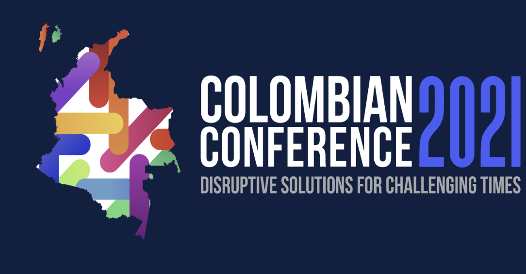 Multi-colored lines made in the shape of Colombia featured on a dark blue background.