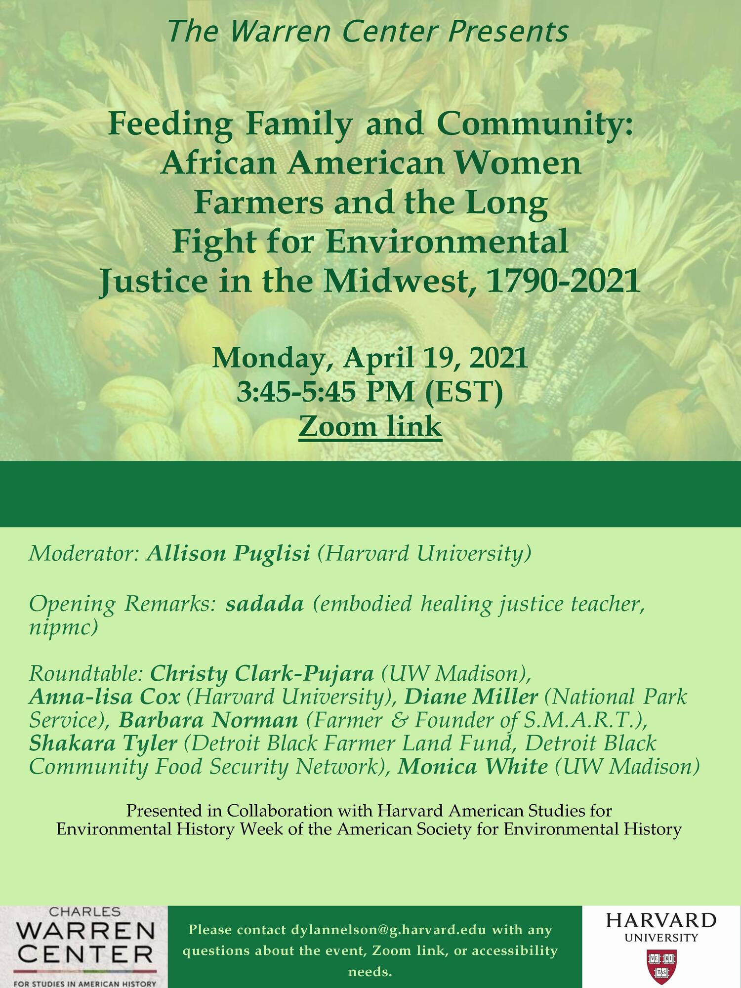 Feeding Family and Community event flyer featuring a green background with an image of a variety of vegetables gathered together.