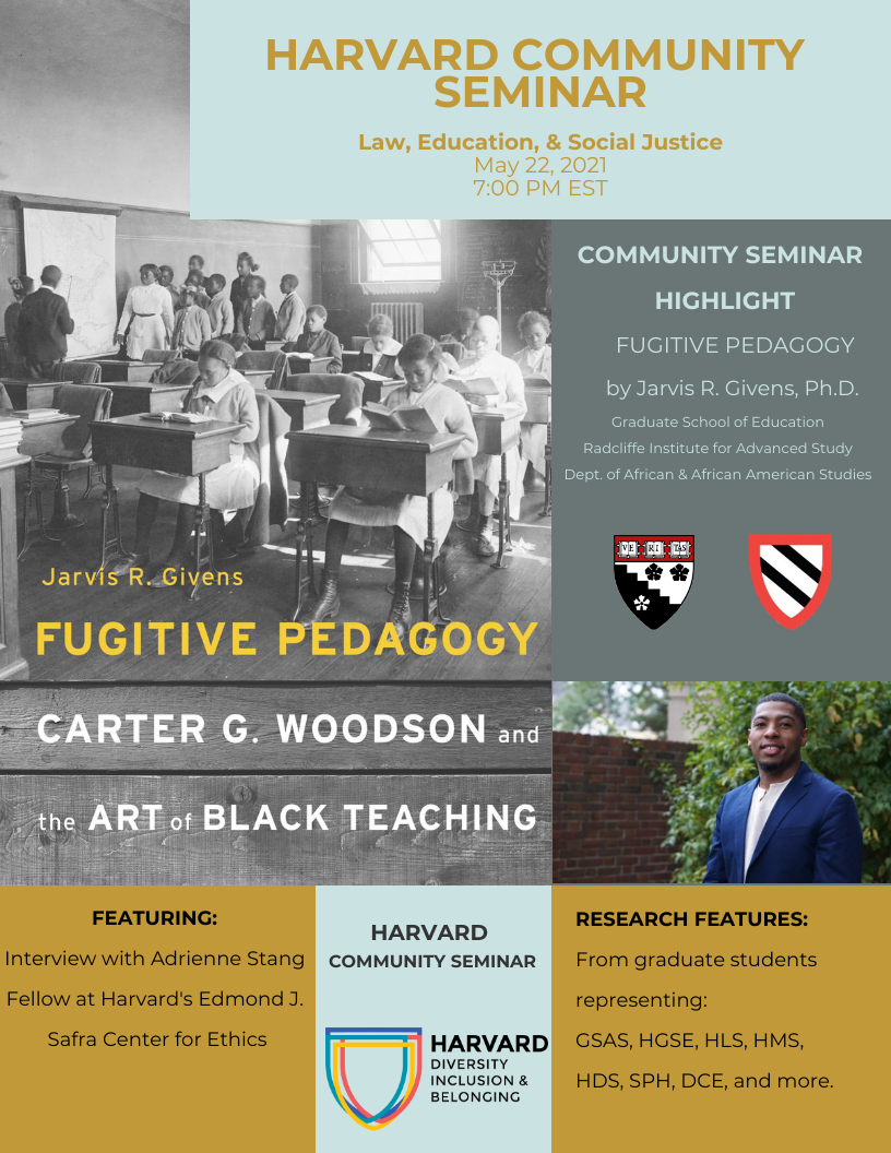 Seminar on Law, Education, & Social Justice event flyer featuring image of guest speaker and their book cover highlighting a group of Black children learning in a classroom.