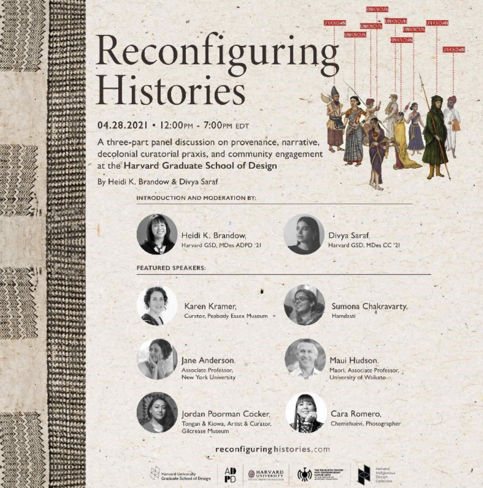Reconfiguring Histories Poster featuring neutral tone print with a black pattern on the left side, and a group of people wearing different garments of clothing depicted in the top right corner.