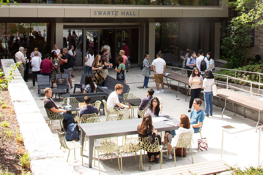 HDS students socializing on the terrace of Swartz Hall