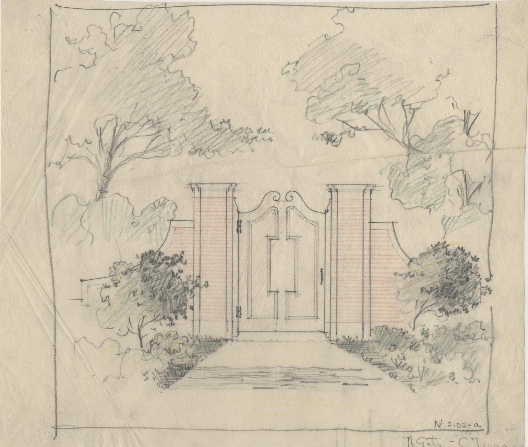 A pencil sketch of a possible design for the rose garden gate
