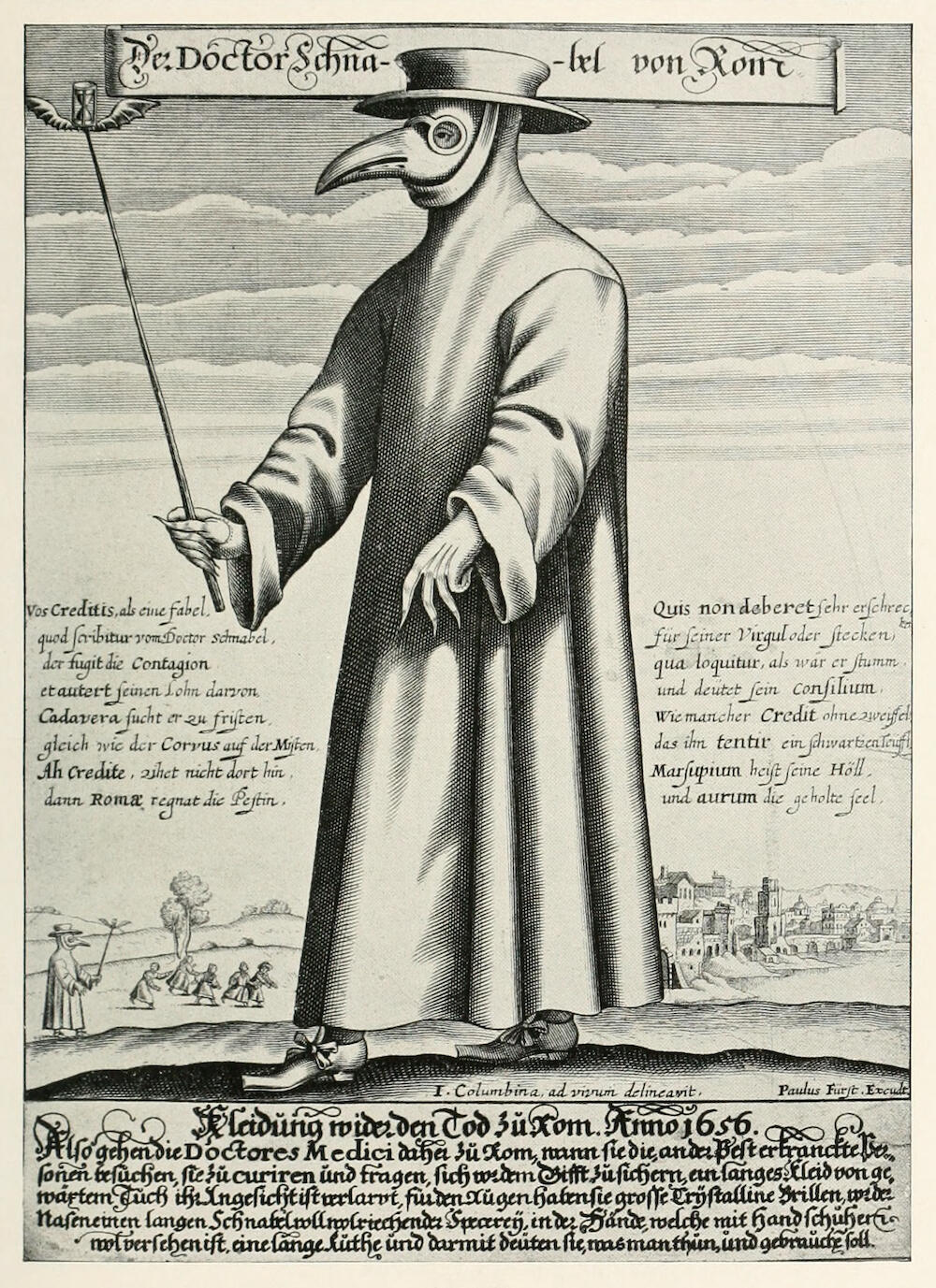 A plague doctor with claw-like fingers wearing a beaked face mask, hat, long robe, and shoes tied with bows