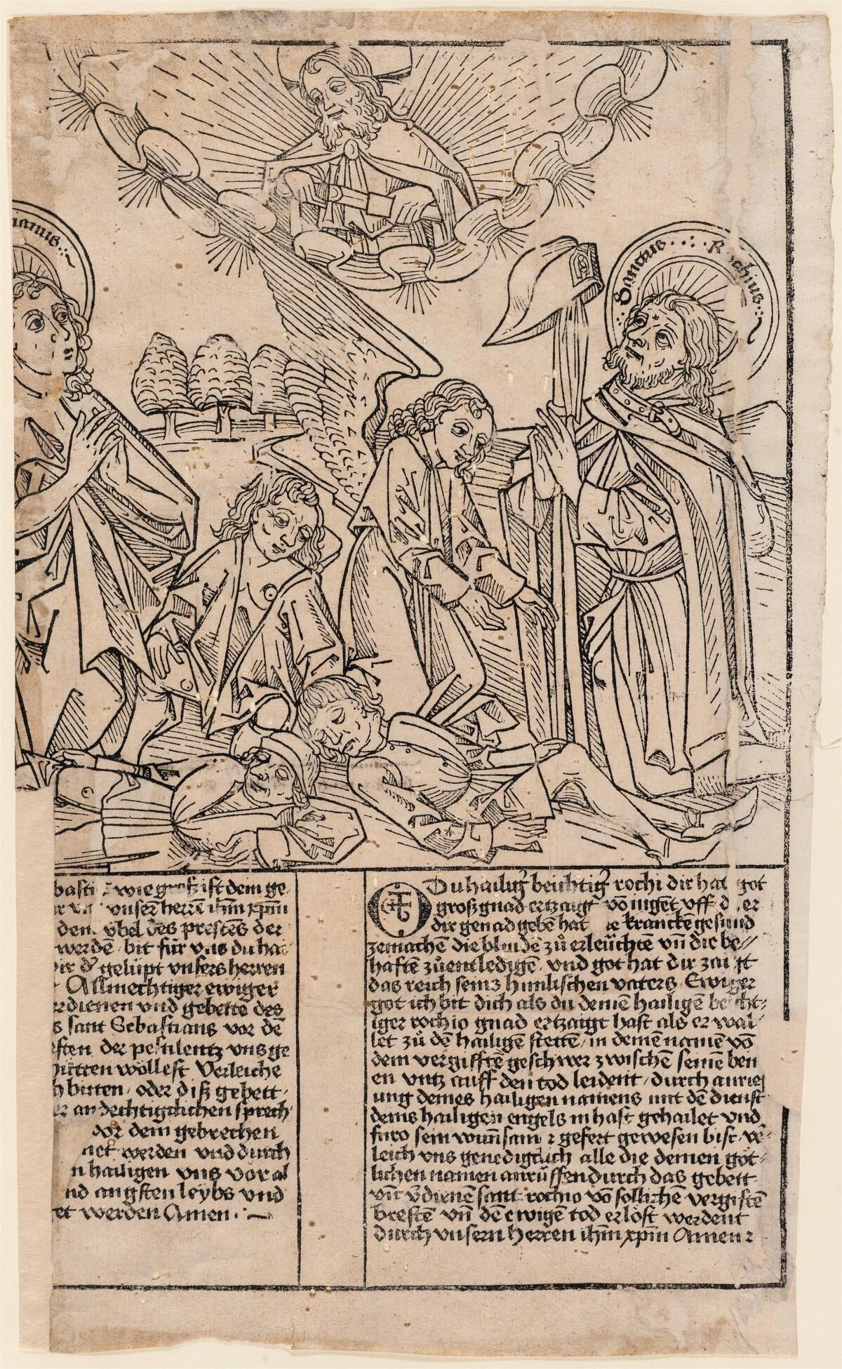 A woodcut illustration depicts four figures praying over two people dying of plague as God looks at them through an opening in the sky; with text of a prayer below.