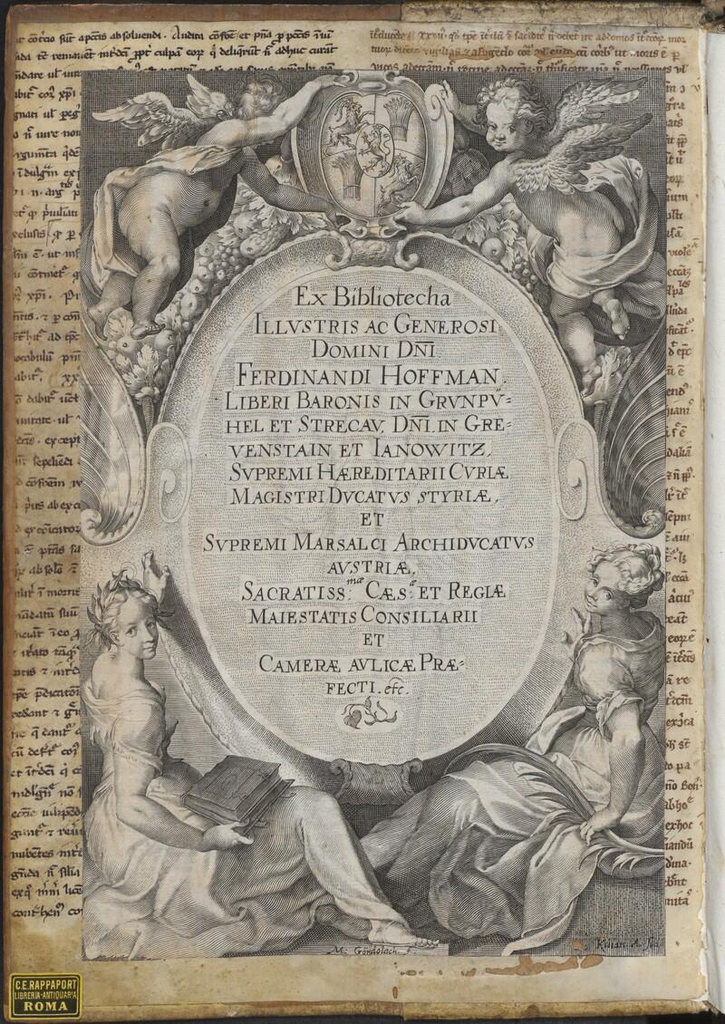 An engraved bookplate affixed to a scrap of a vellum mansucript