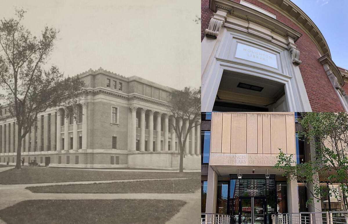 Collage of Houghton, Countway, and Widener Libraries