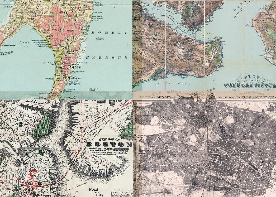 Four vintage maps of Bombay, Constantinople, Boston, Berlin