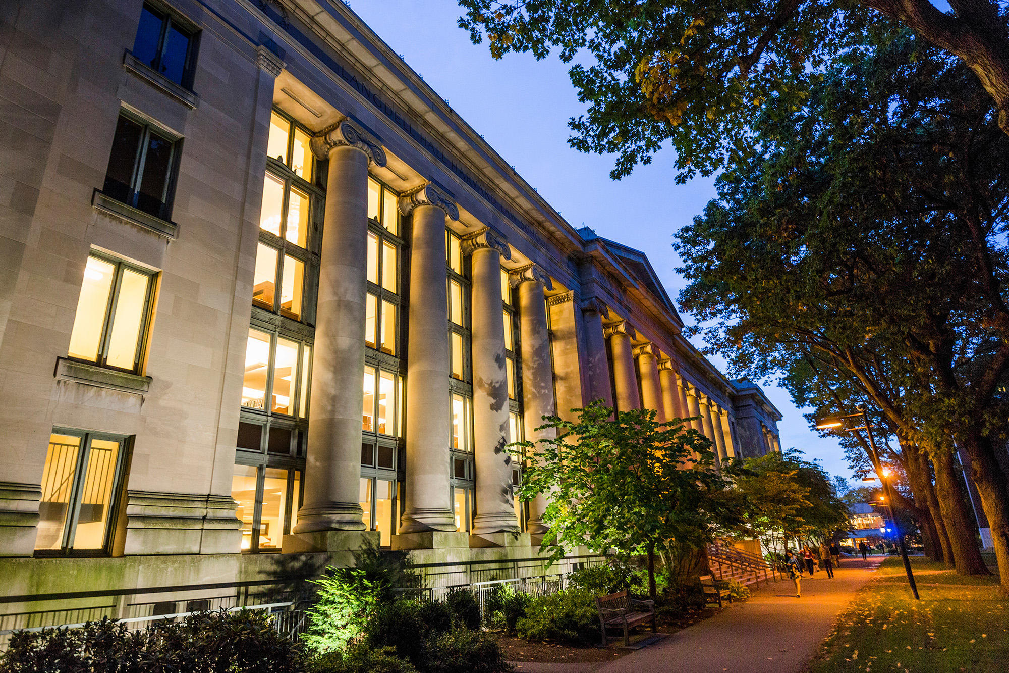 A building at Harvard Law School at night