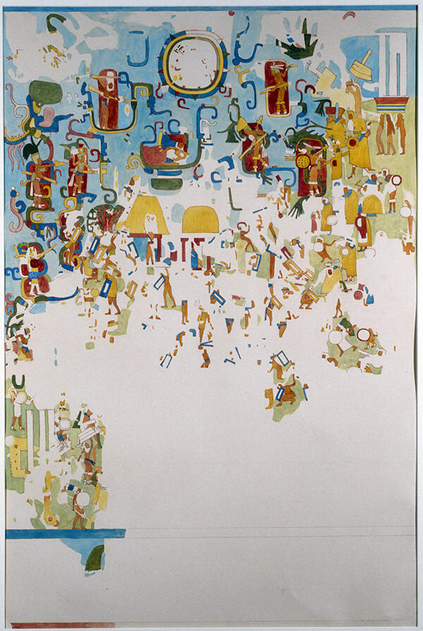 Copy in color of painting on north wall of the Inner or Painted Chanber of the Temple of the Jaguars. Chichen Itza, by&nbsp;Adela C. Breton&nbsp;1904-06.&nbsp;Gift of Mary L. Ware and Adela C. Breton, 45-5-20/15061