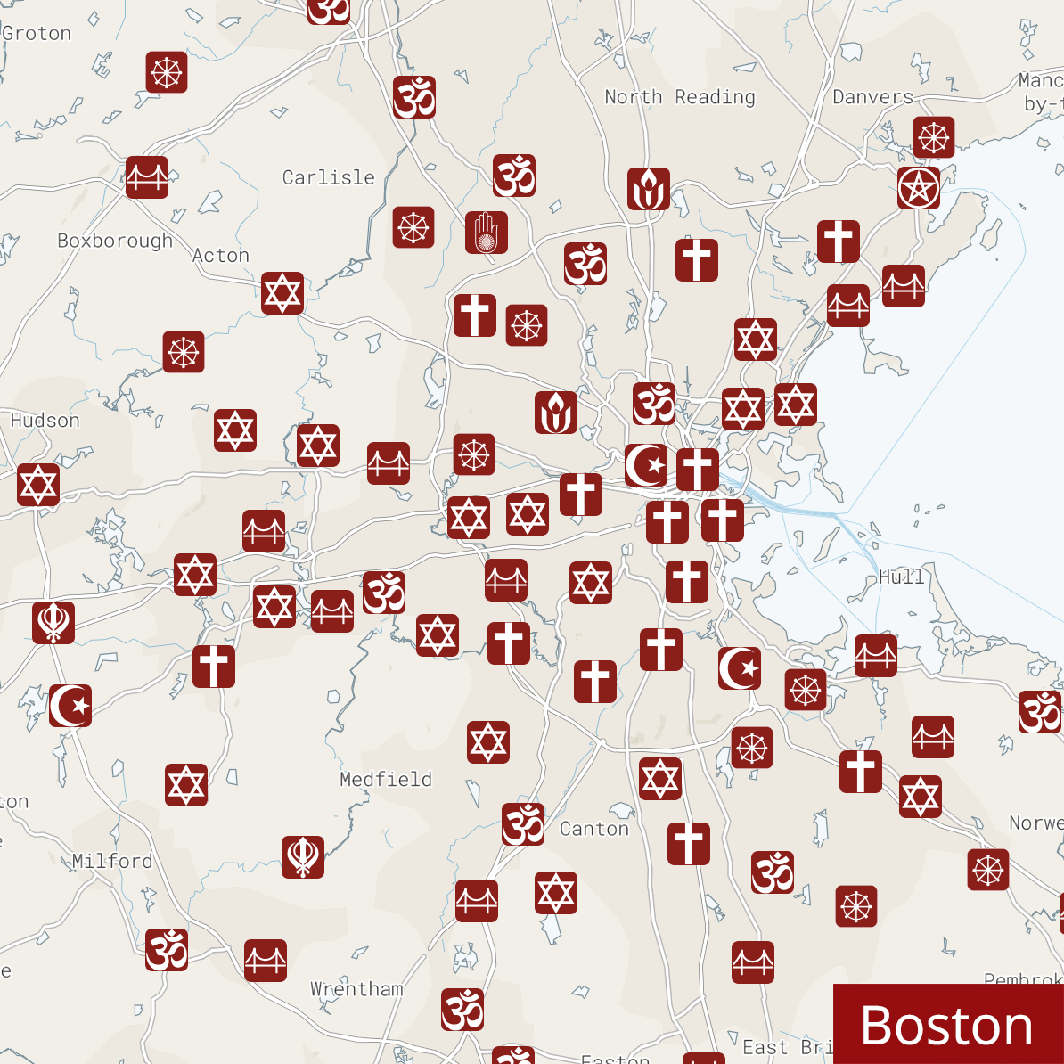 Boston map with religious traditions icon markers
