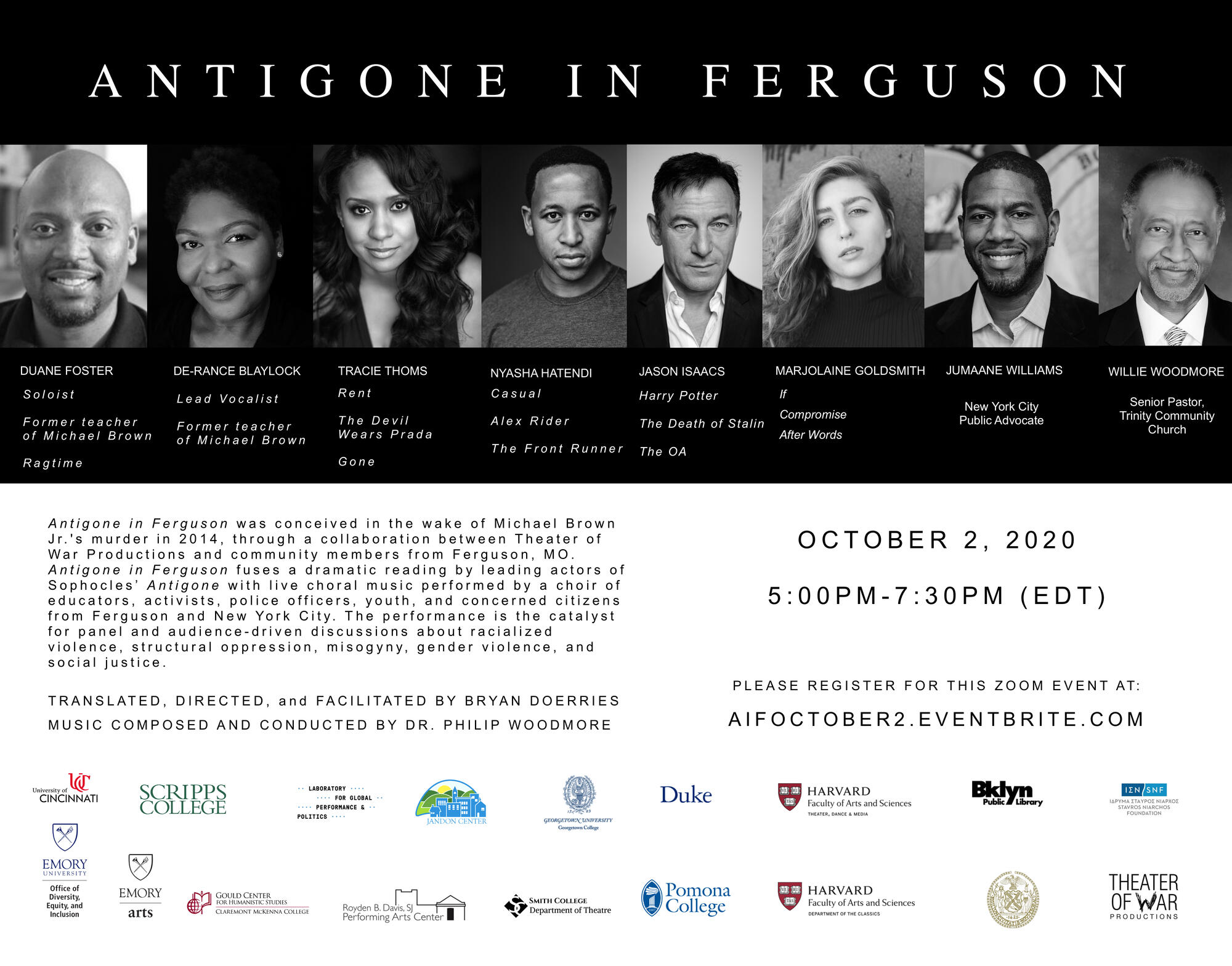 Cast members of Antigone in Ferguson are displayed at top with event info below