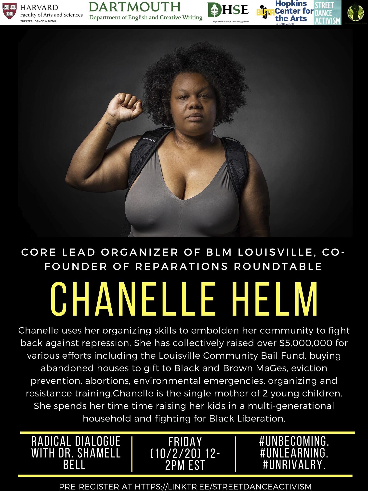 Chanelle Helm stares back at the camera while holding her fist in the air. Below is info about Chanelle Helm and the event.